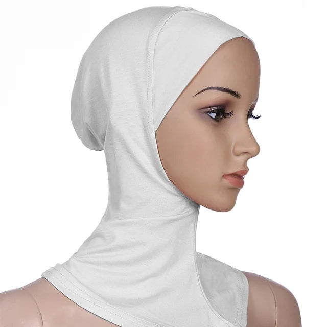 Breathable athletic underscarf hijab for women in a White by AmoorFemme. Made from sweat-wicking material for comfort during workouts.