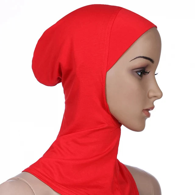 Breathable athletic underscarf hijab for women in a Red by AmoorFemme. Made from sweat-wicking material for comfort during workouts.