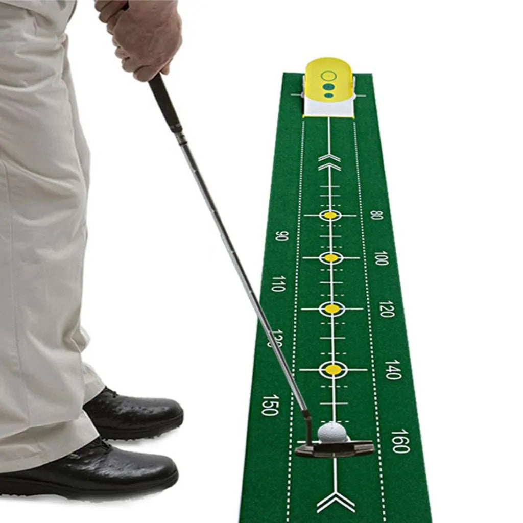 Green, portable putting mat with artificial turf by AmoorCity. Ideal for practicing golf putting indoors.
