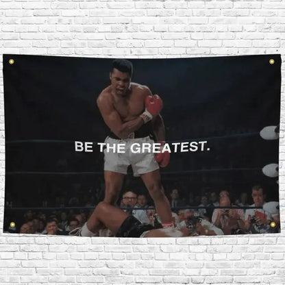 Motivational boxing gym flag featuring a portrait of Muhammad Ali. Perfect for inspiring athletes and creating a champion's training atmosphere.