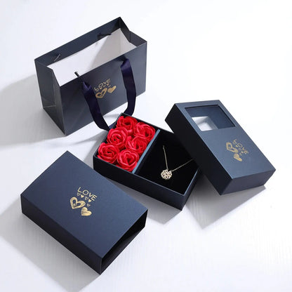 AmoorCity Rose Gift Box - Gift for Her, Mothers Day, Crystal Heart Necklace. Gift box containing preserved roses and a crystal heart necklace. Perfect gift for women for Mother's Day, birthdays, anniversaries or any occasion.