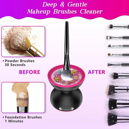 AmoorCare Electric Makeup Brush Cleaner Machine for Women. Electric makeup brush cleaning machine that spins brushes to remove makeup residue and bacteria. Ensures clean and hygienic brushes for flawless makeup application.