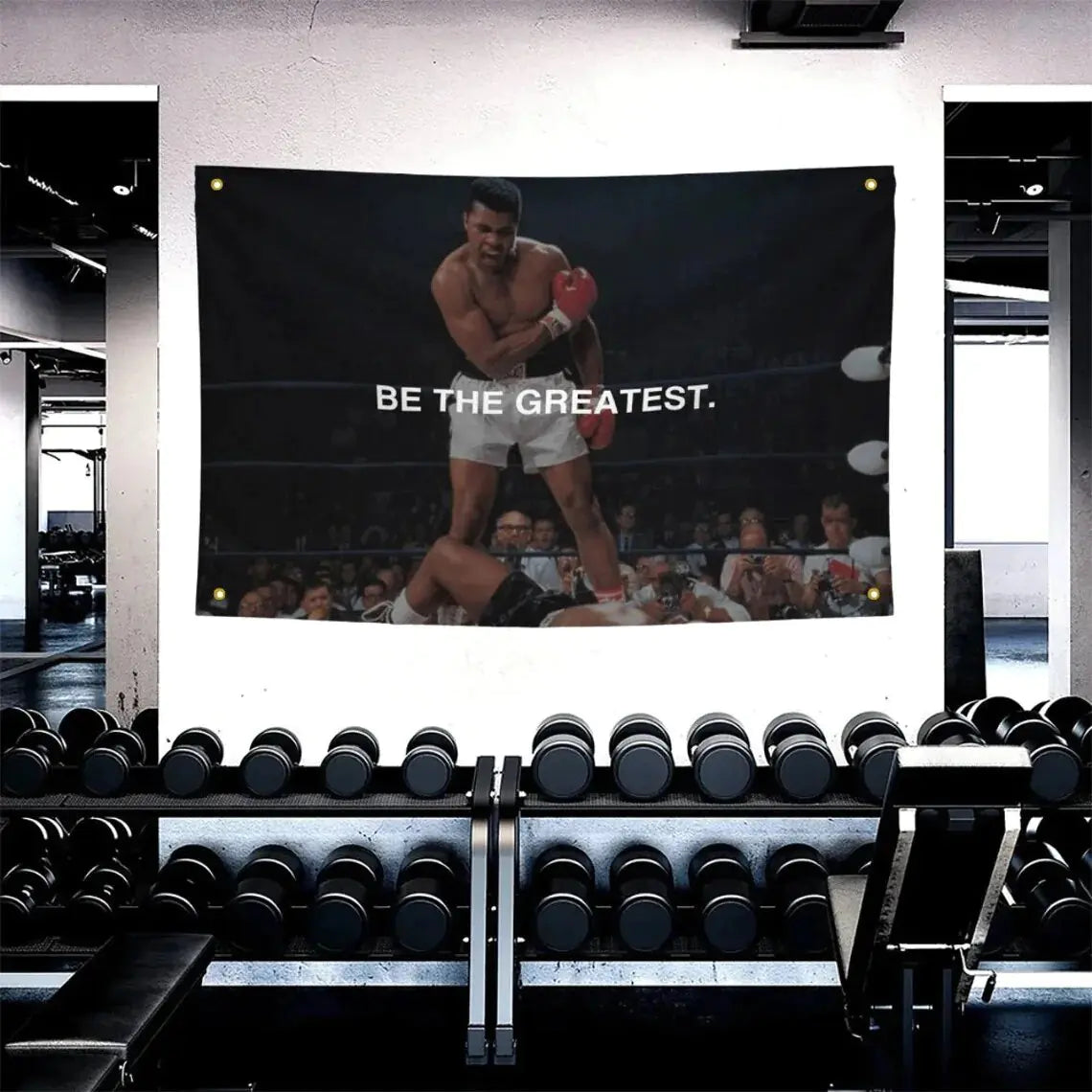 Motivational boxing gym flag featuring a portrait of Muhammad Ali. Perfect for inspiring athletes and creating a champion's training atmosphere.