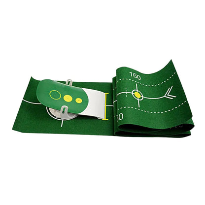 Green, portable putting mat with artificial turf by AmoorCity. Ideal for practicing golf putting indoors.